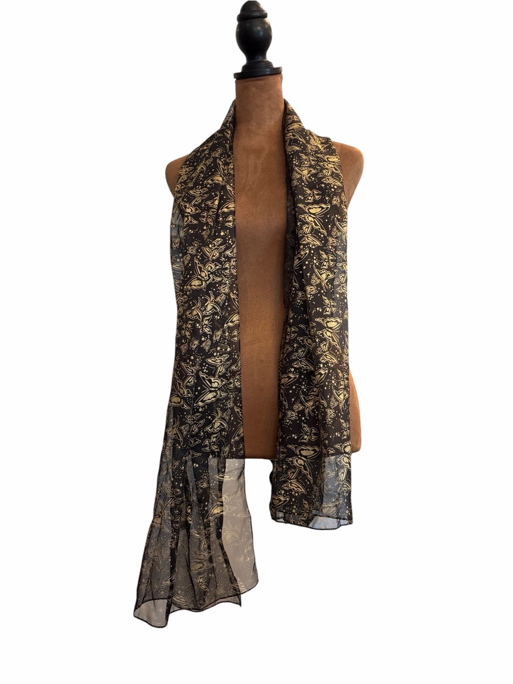 Long Scarf Black Gold Butterfly Print Silk Feel Sheer 66x20โ Cottagecore Chic